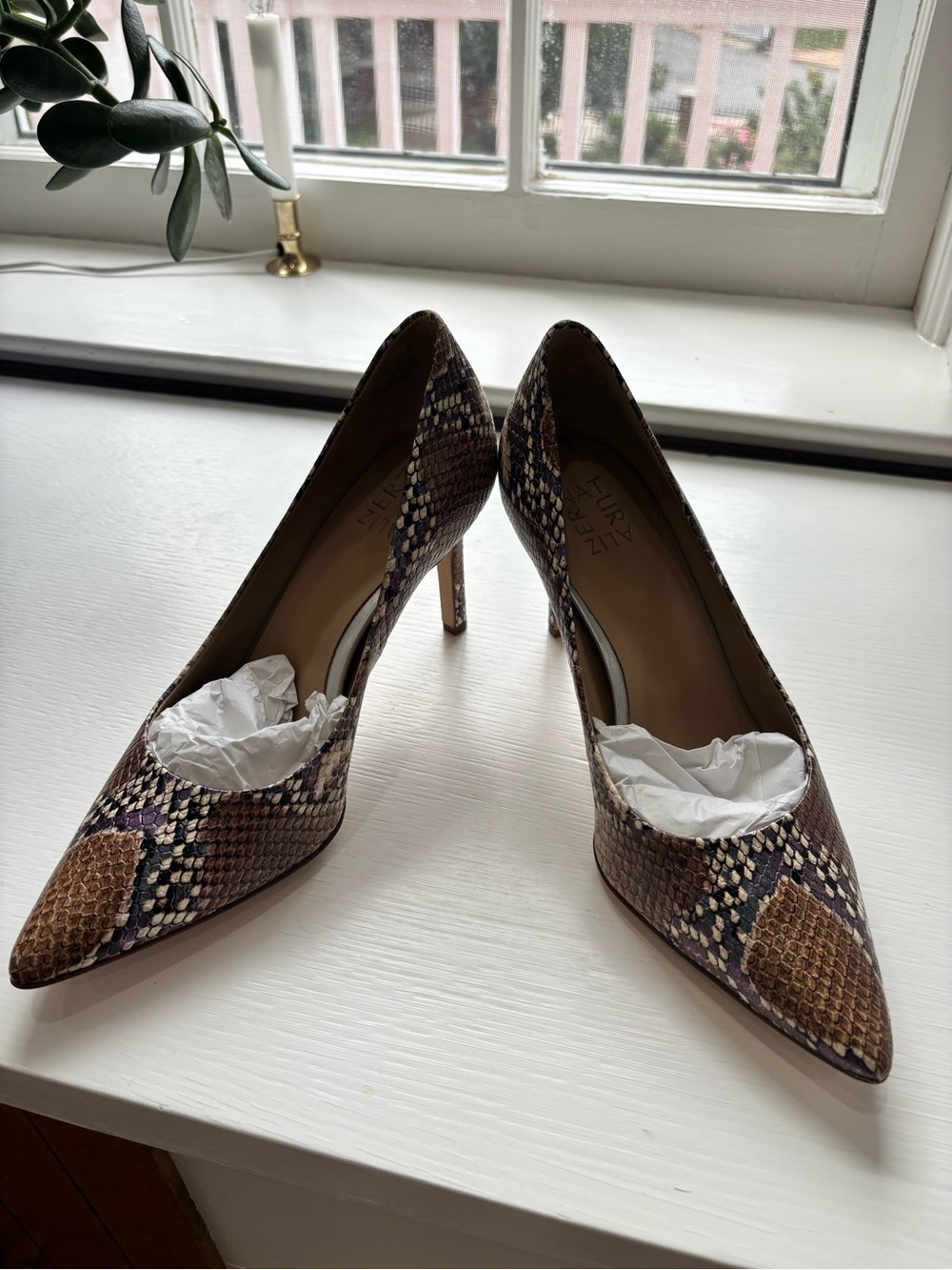 Naturalizer Pointed-Toe Snakeskin Pumps in Brown and Purple Accents